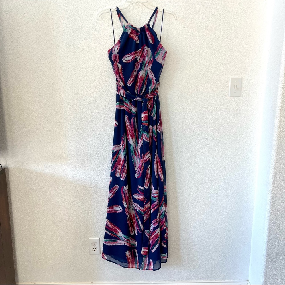 ModCloth Illuminated Elegance Navy Blue Halter Maxi Dress Cactus Print Size M